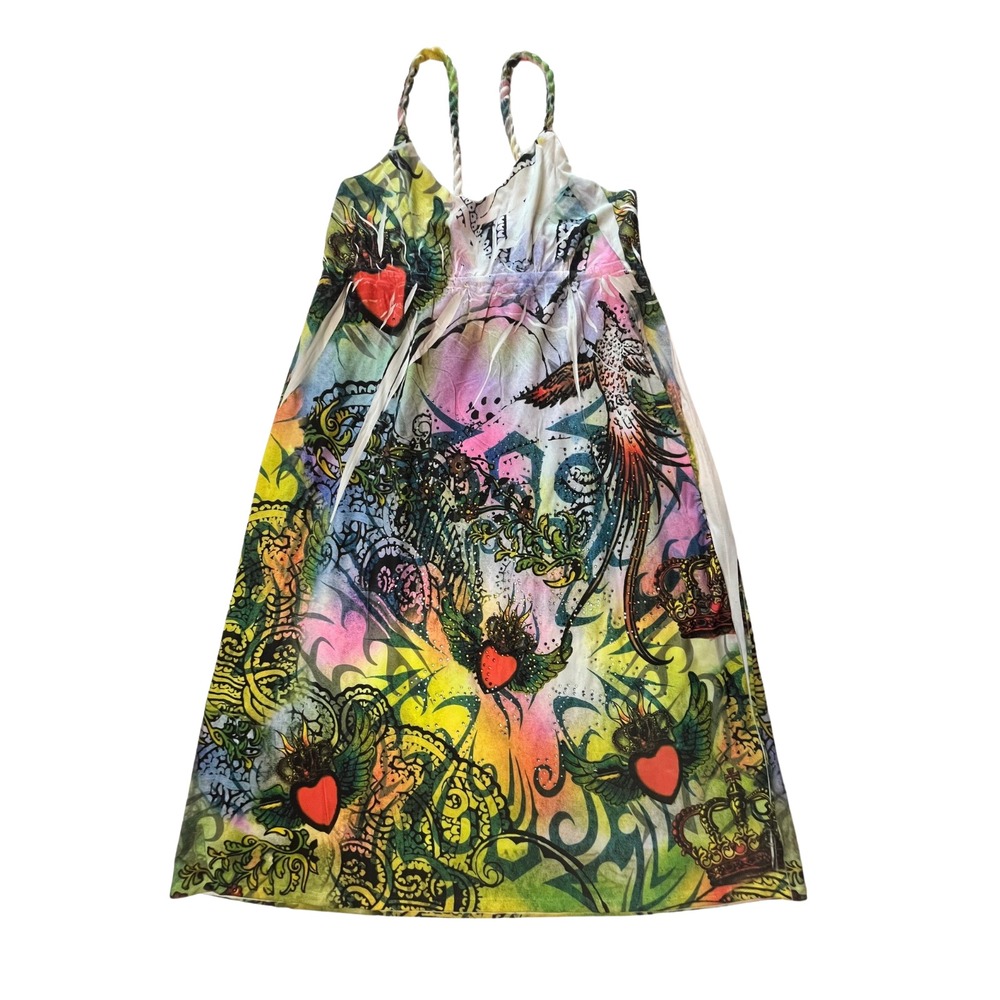 Vintage 90s Y2K Ocean‎ Breeze Mini Dress Rope Straps Rhinestones Graphic Goth S